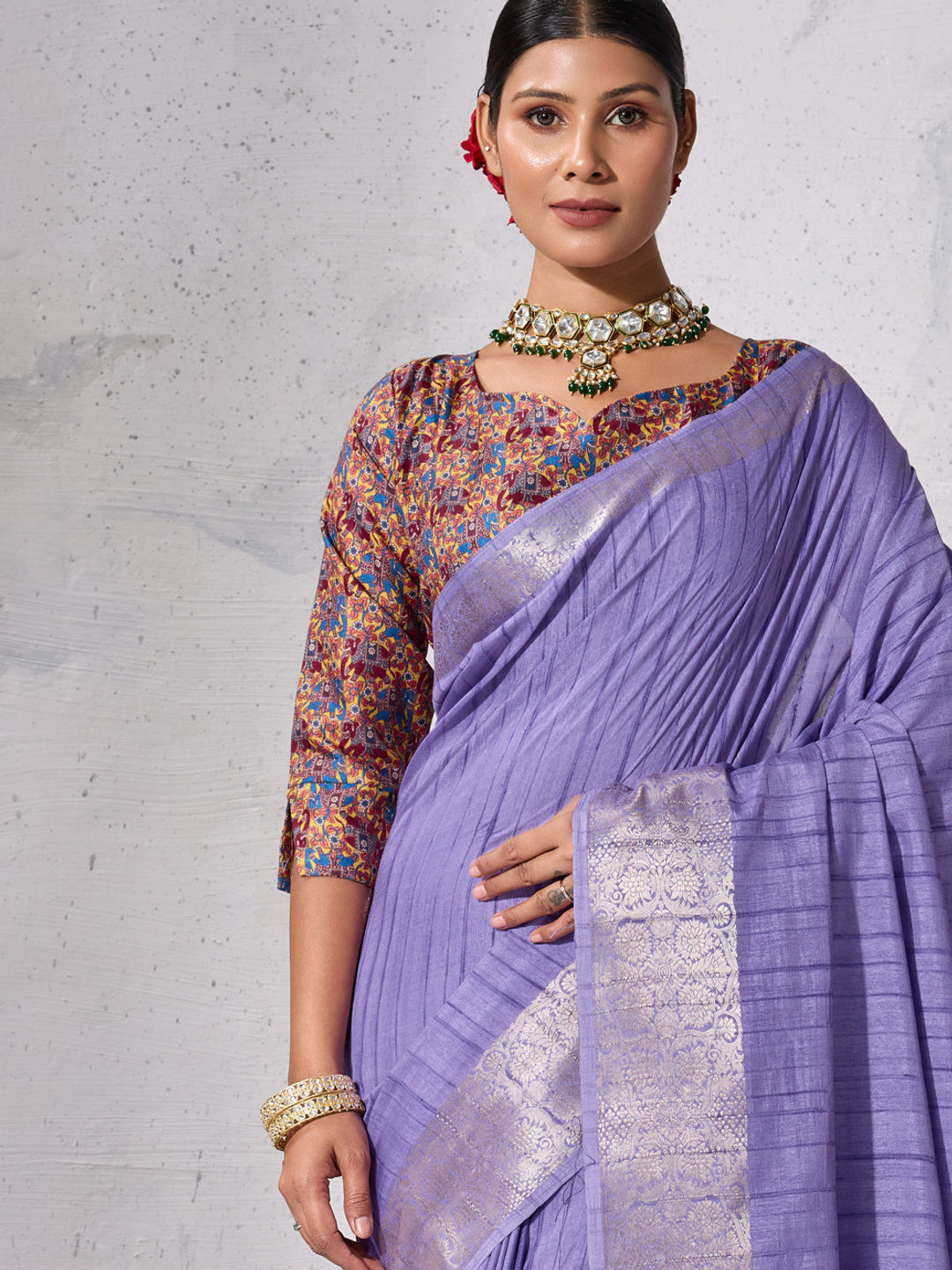 Peachmode Lavender Chiffon Foil Border Saree - Image 2