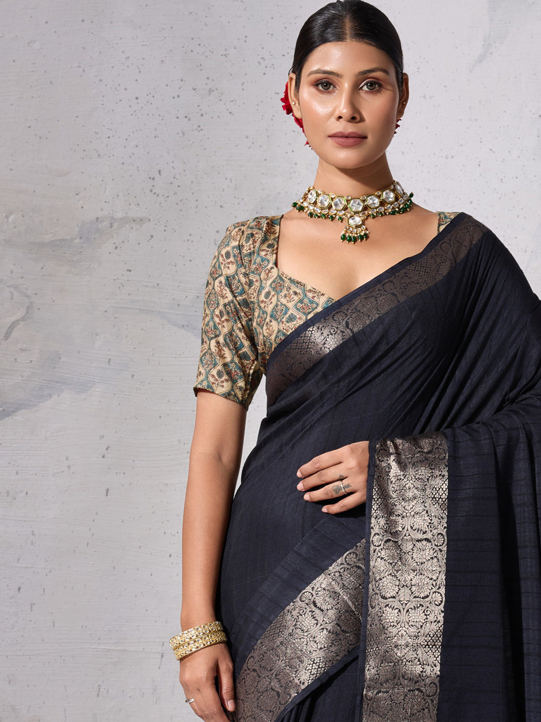 Peachmode Black Chiffon Foil Border Saree - Image 2