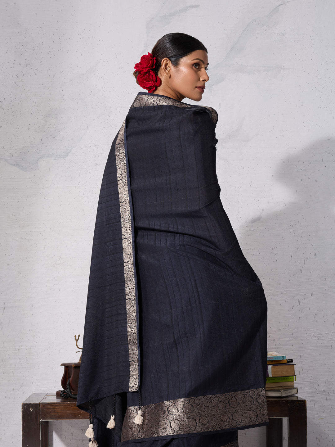 Peachmode Black Chiffon Foil Border Saree - Image 3