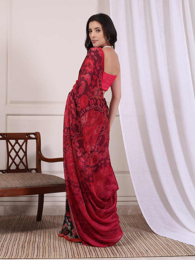 Peachmode Red and Black Chinon Floral Printed Saree - Image 1