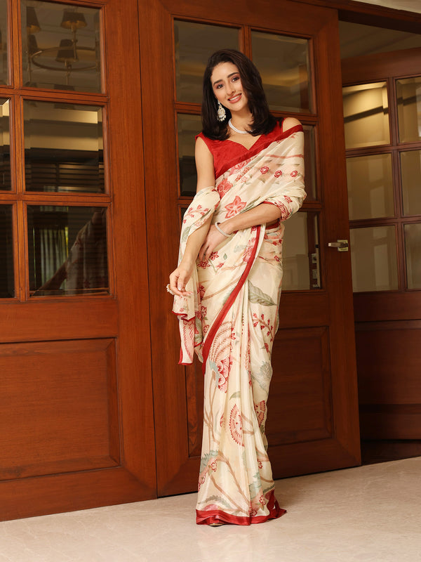 Peachmode Off White Chinon Floral Printed Saree - Image 1