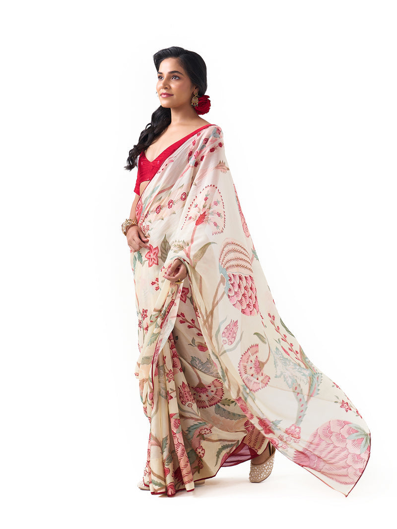 Peachmode Off White Chinon Floral Printed Saree - Image 2