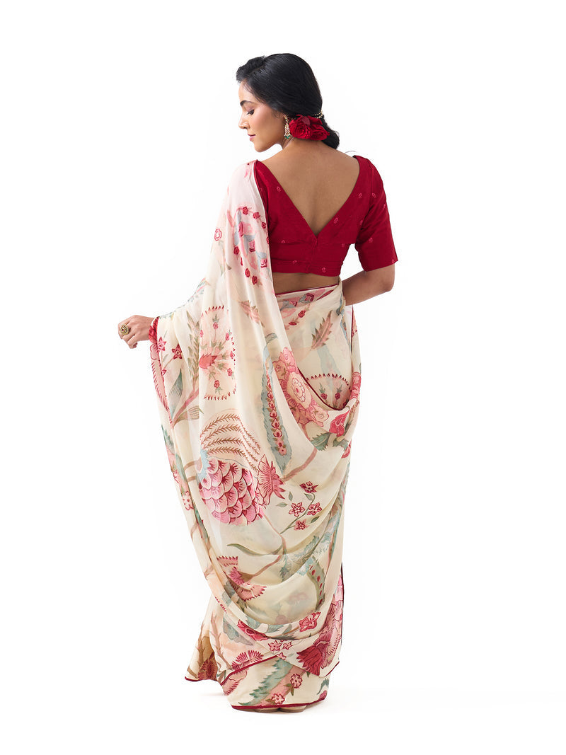 Peachmode Off White Chinon Floral Printed Saree - Image 4