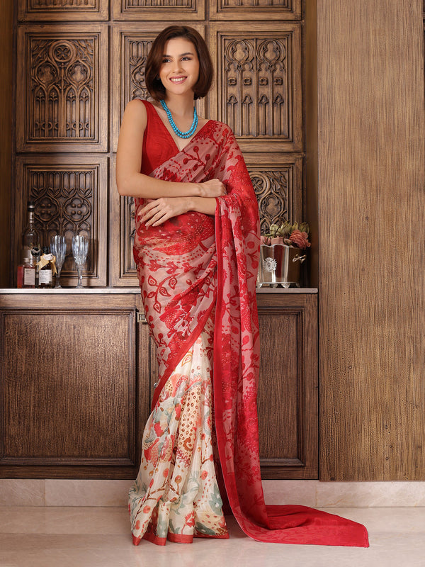 Peachmode Red Chinon Floral Printed Saree - Image 1