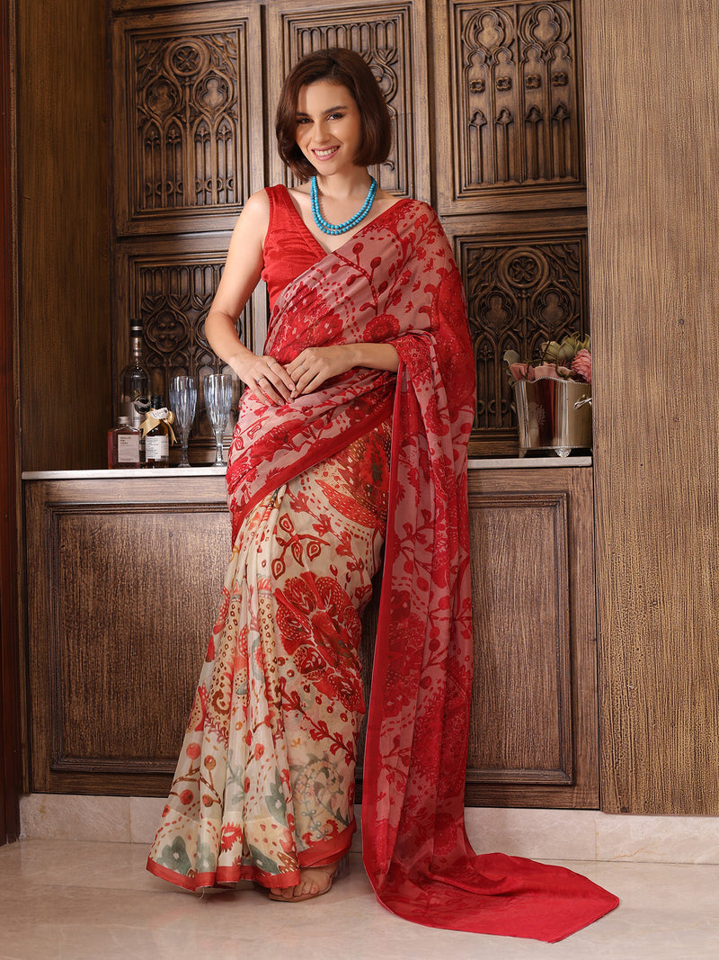 Peachmode Red Chinon Floral Printed Saree - Image 2