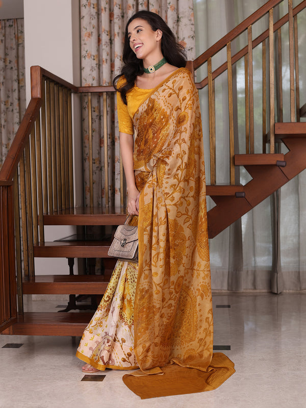 Peachmode Mustard Yellow Chinon Floral Printed Saree - Image 1
