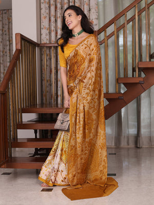 Peachmode Mustard Yellow Chinon Floral Printed Saree - Image 1