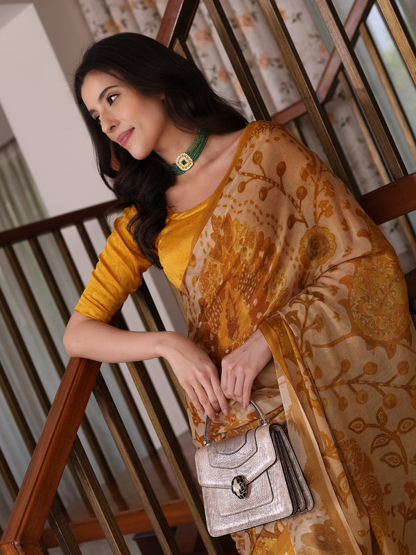 Peachmode Mustard Yellow Chinon Floral Printed Saree - Image 3