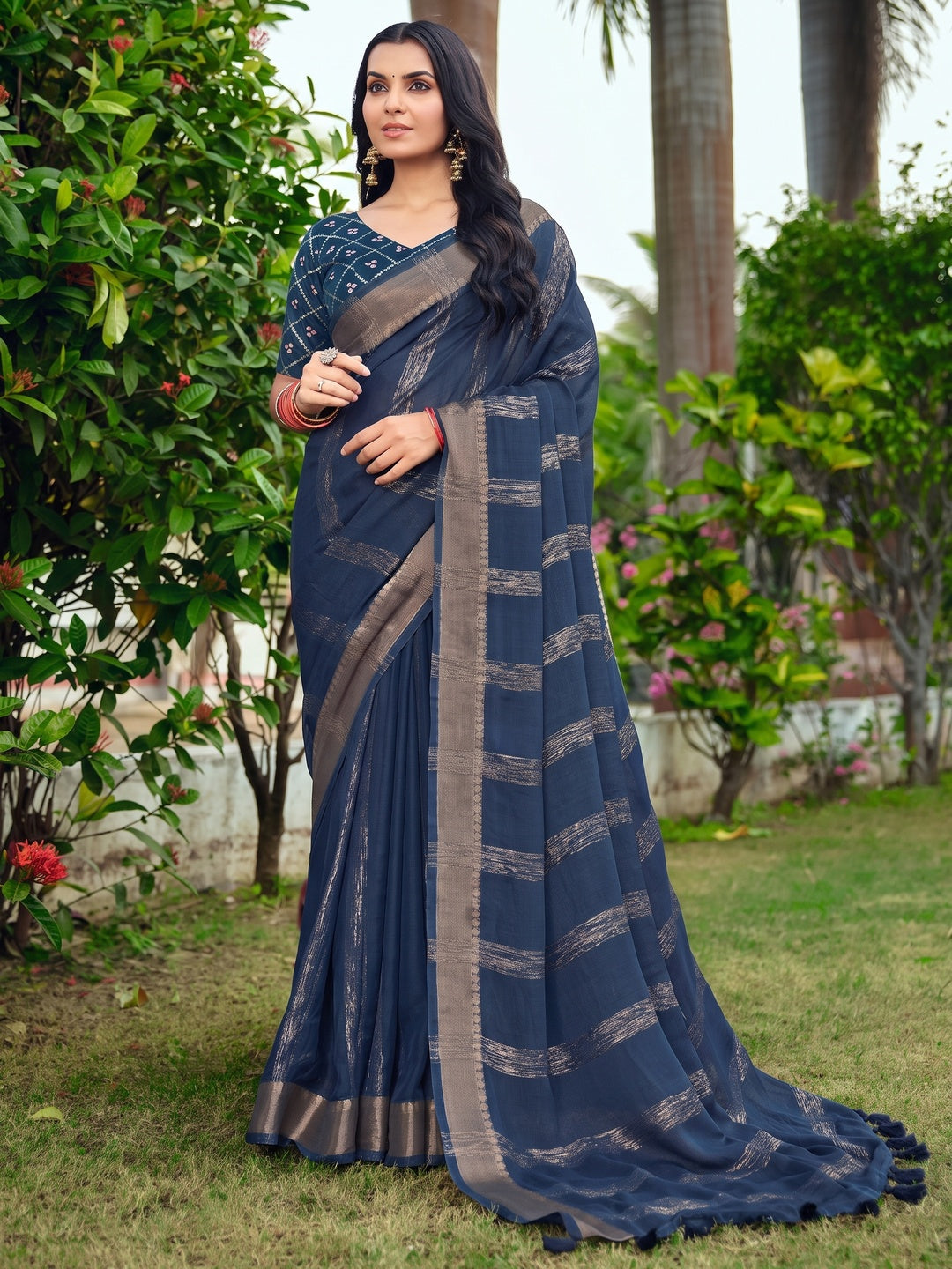 Peachmode Navy Blue Bemberg Woven Border Saree - Image 1