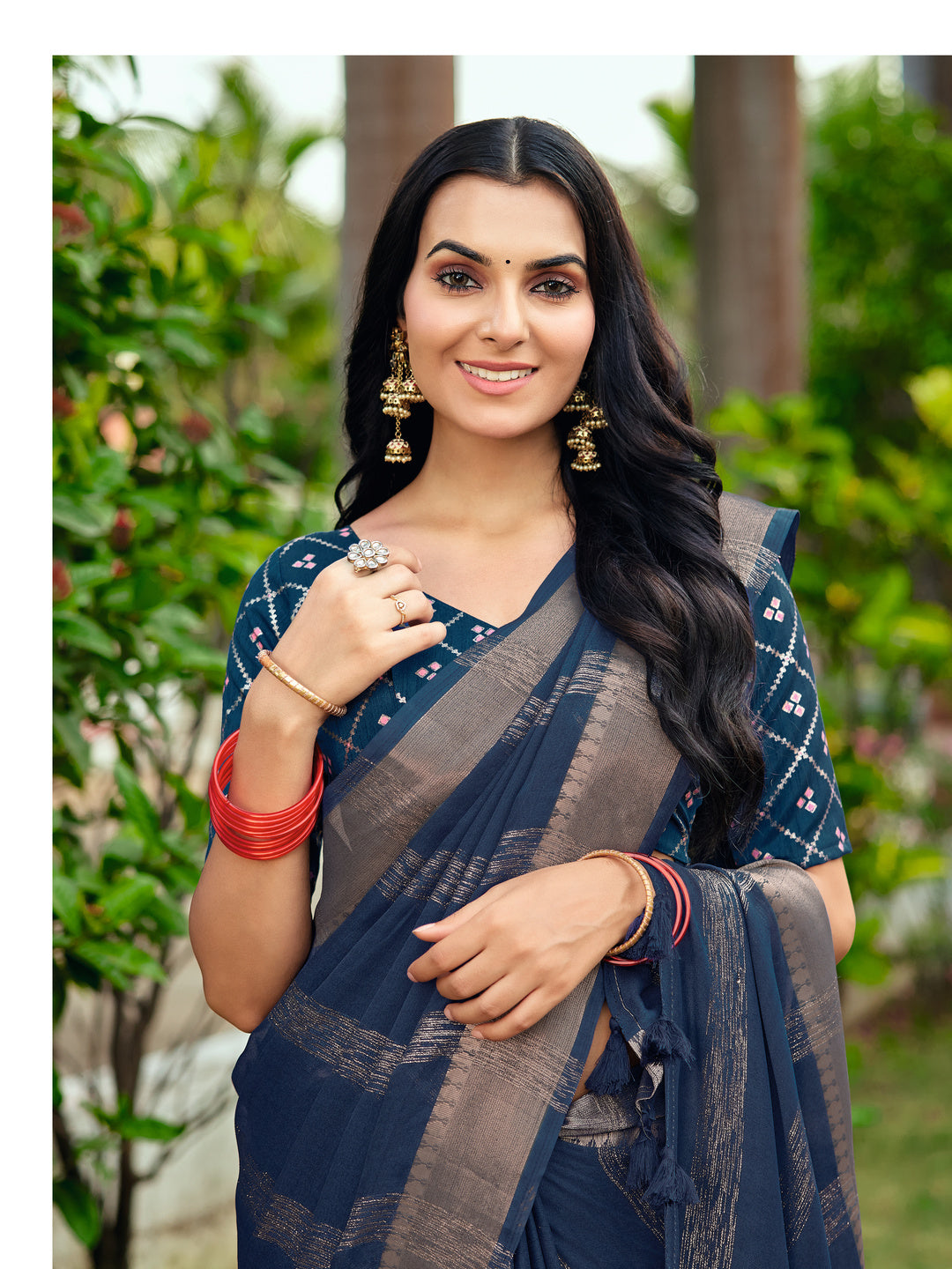 Peachmode Navy Blue Bemberg Woven Border Saree - Image 3