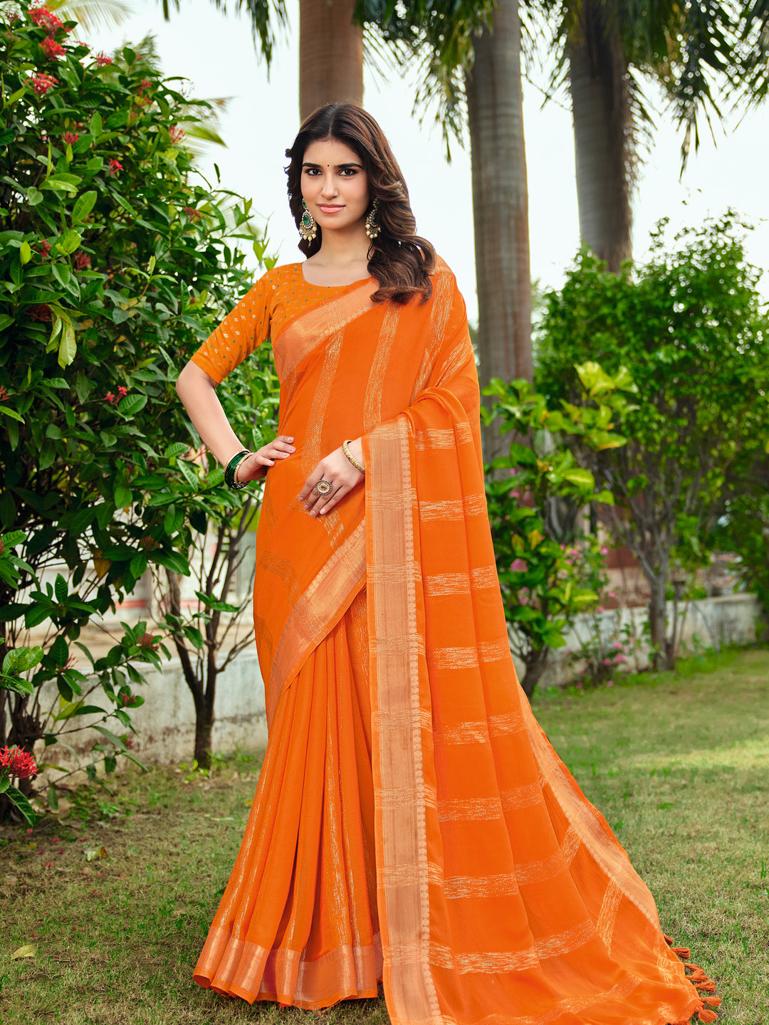 Peachmode Orange Bemberg Woven Border Saree - Image 3