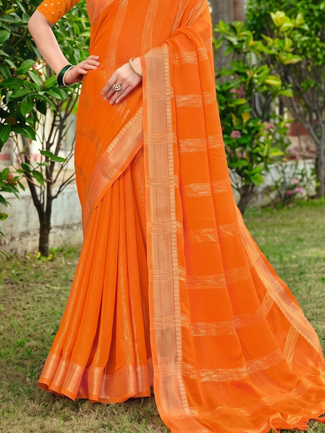 Peachmode Orange Bemberg Woven Border Saree - Image 5