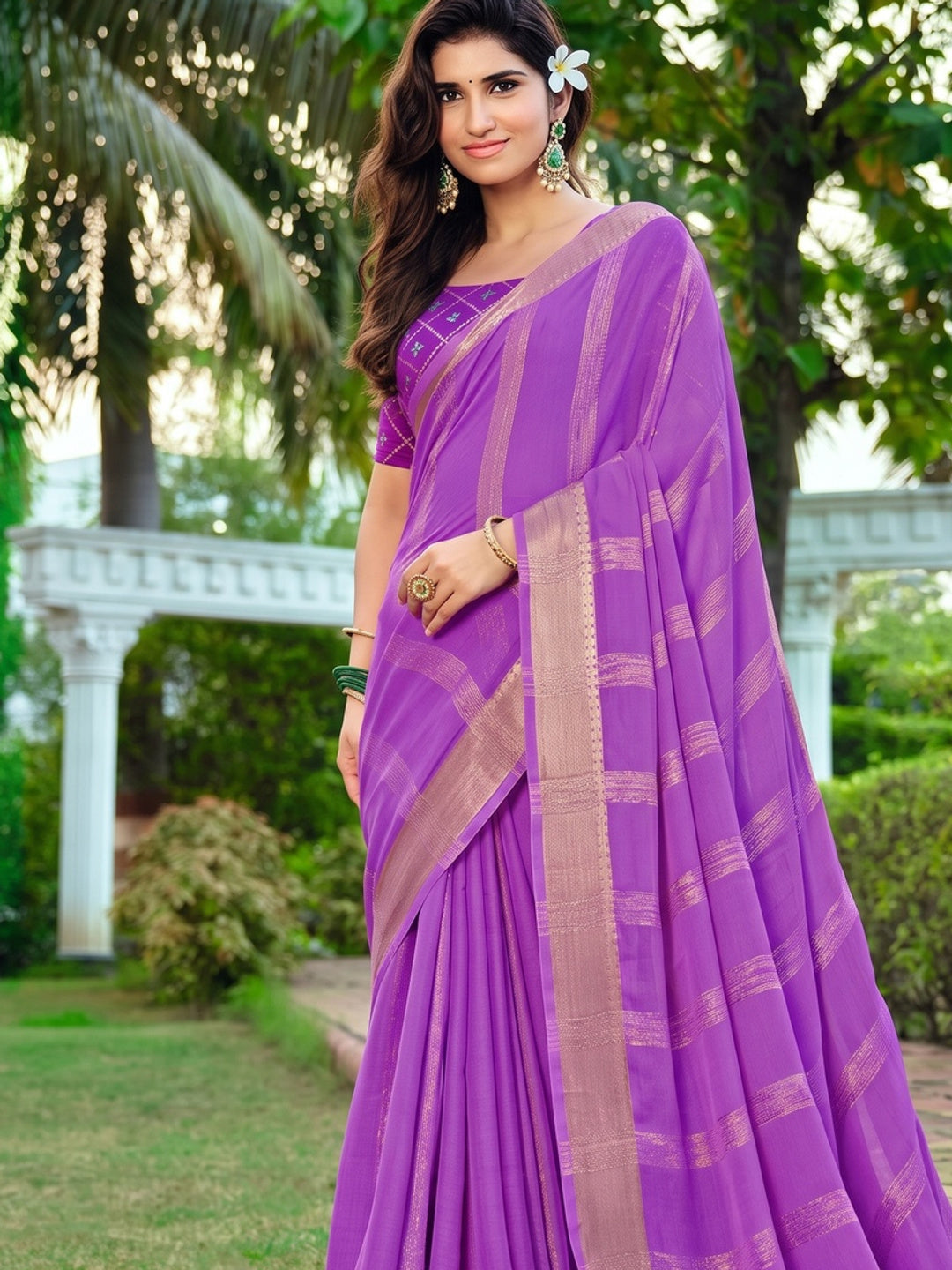Peachmode Purple Bemberg Woven Border Saree - Image 2