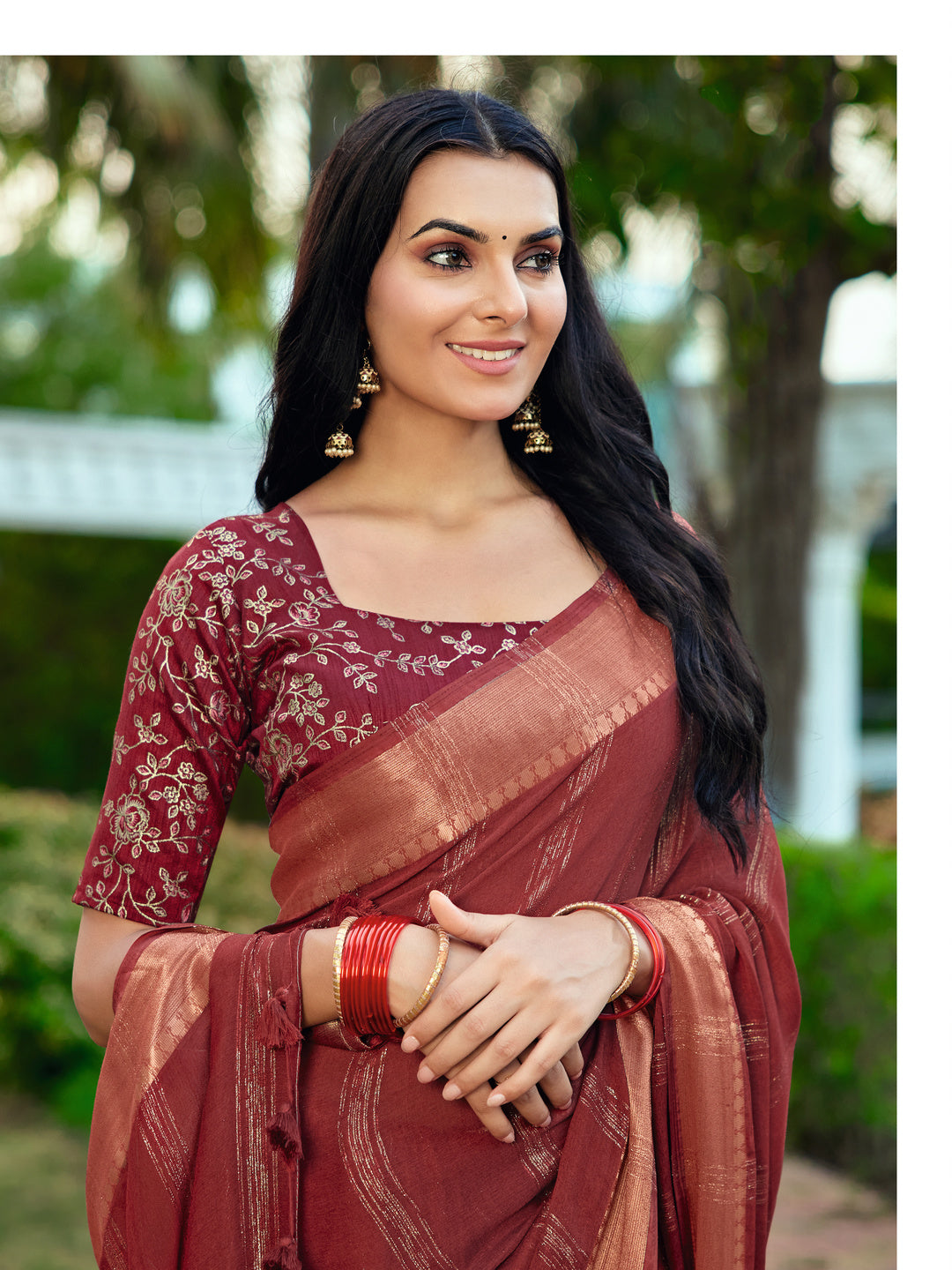 Peachmode Maroon Bemberg Woven Border Saree - Image 3