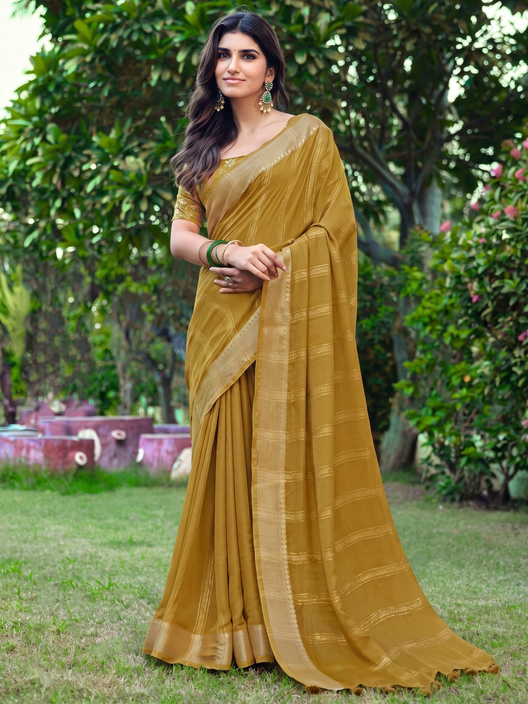 Peachmode Mustard Bemberg Woven Border Saree - Image 1