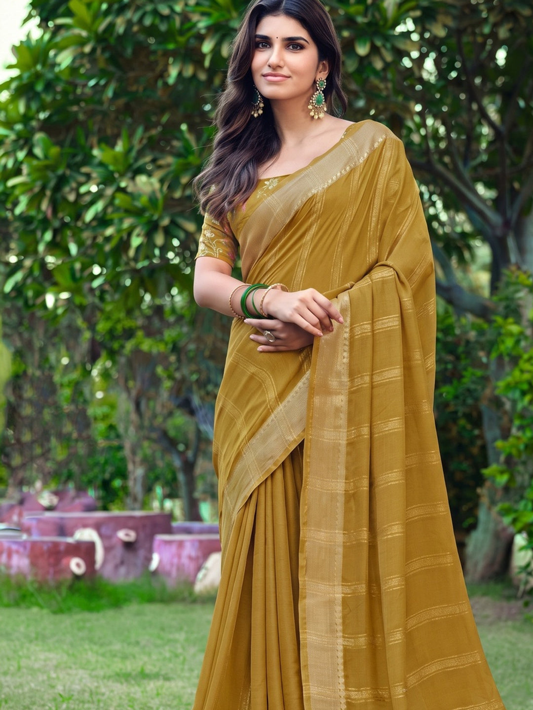 Peachmode Mustard Bemberg Woven Border Saree - Image 2