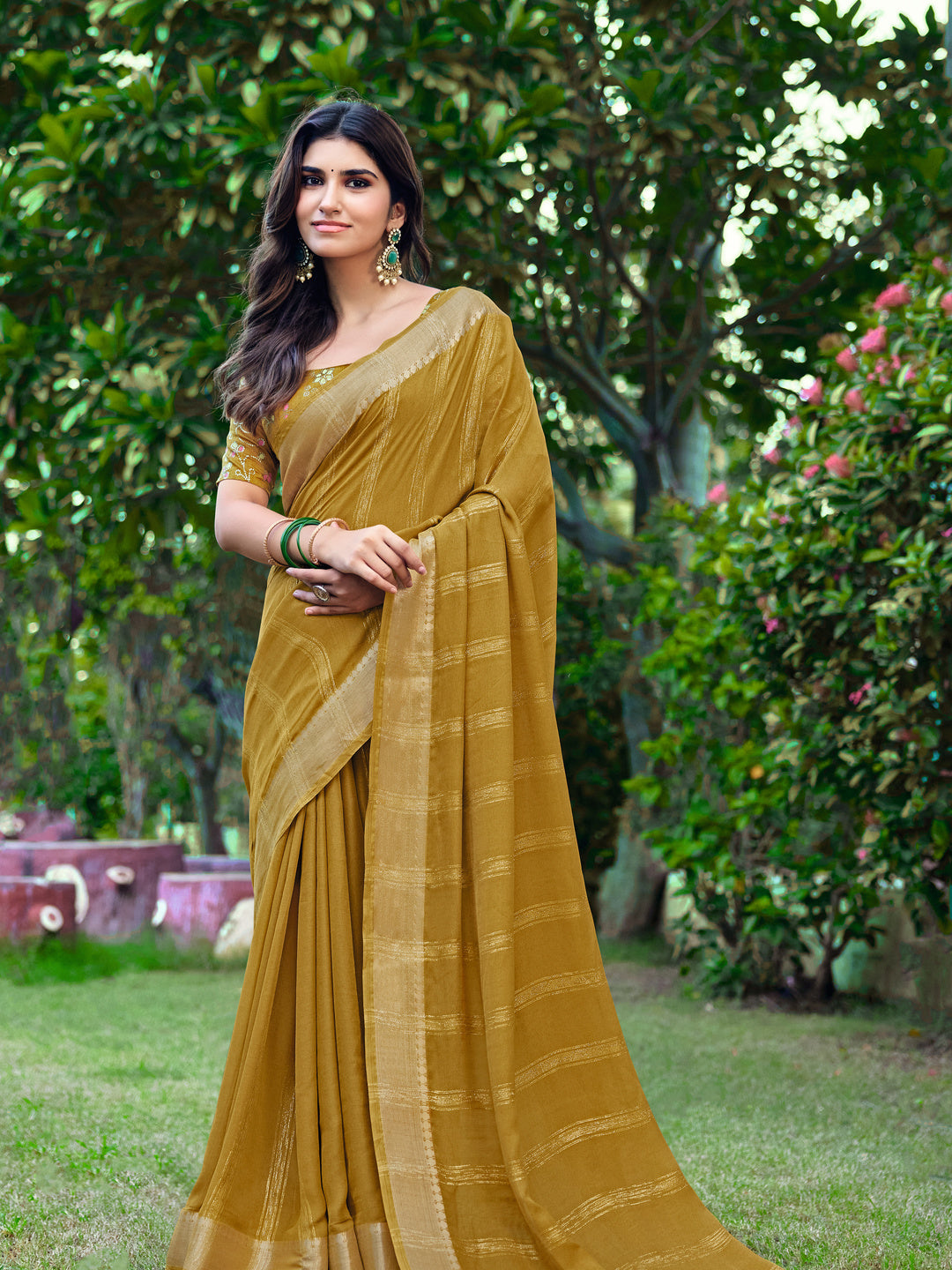 Peachmode Mustard Bemberg Woven Border Saree - Image 3