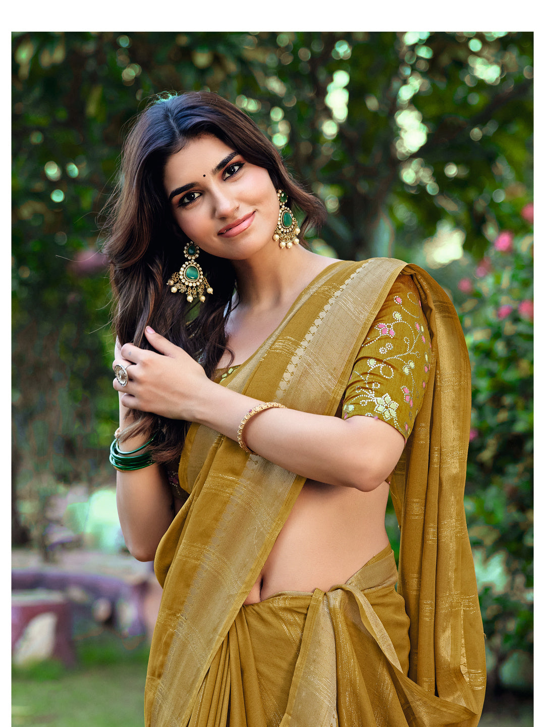 Peachmode Mustard Bemberg Woven Border Saree - Image 4