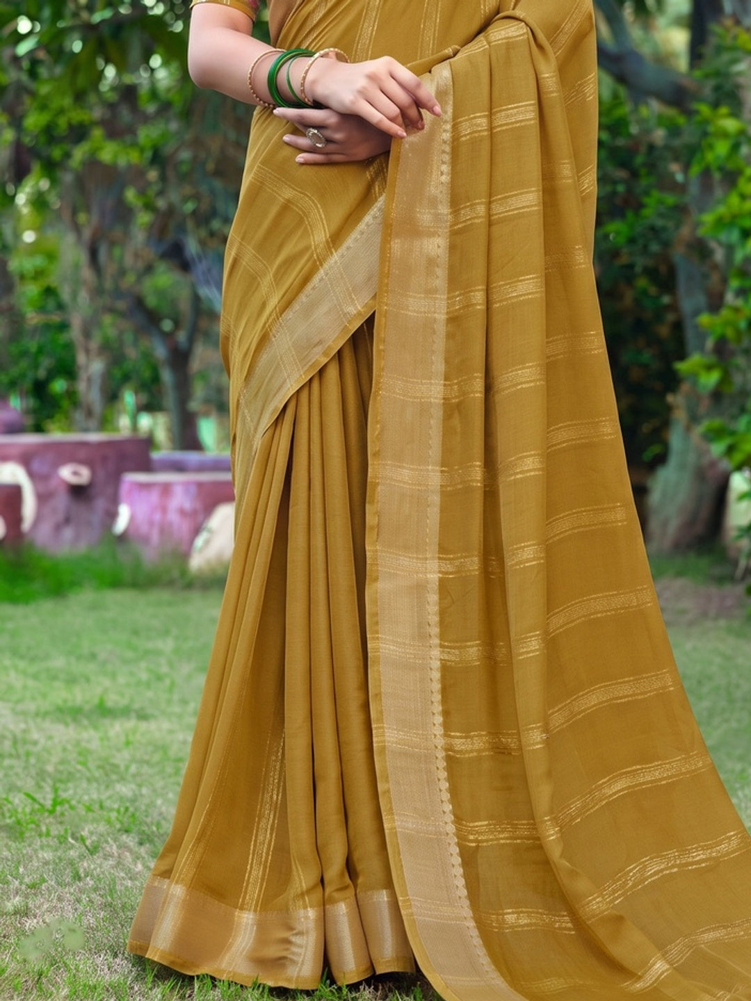 Peachmode Mustard Bemberg Woven Border Saree - Image 5