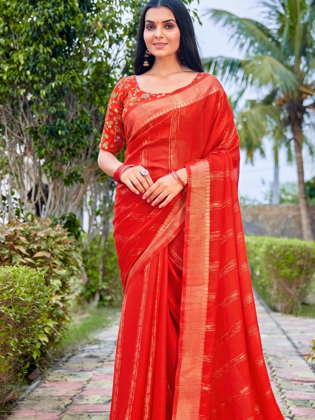 Peachmode Red Bemberg Woven Border Saree - Image 2