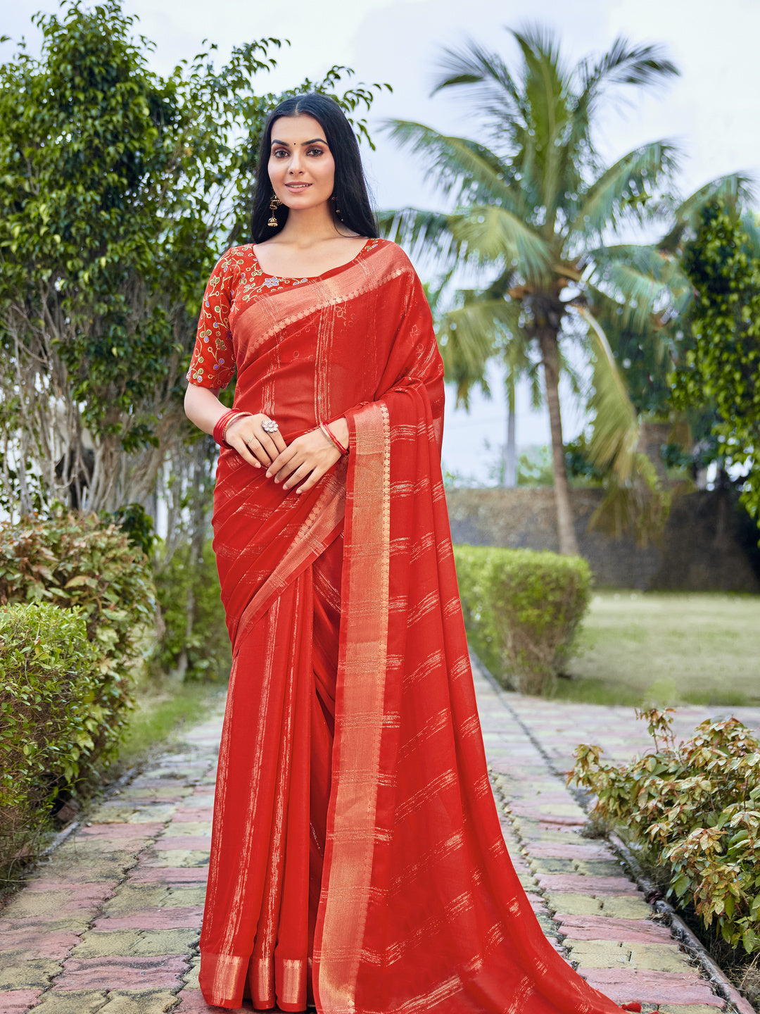 Peachmode Red Bemberg Woven Border Saree - Image 4