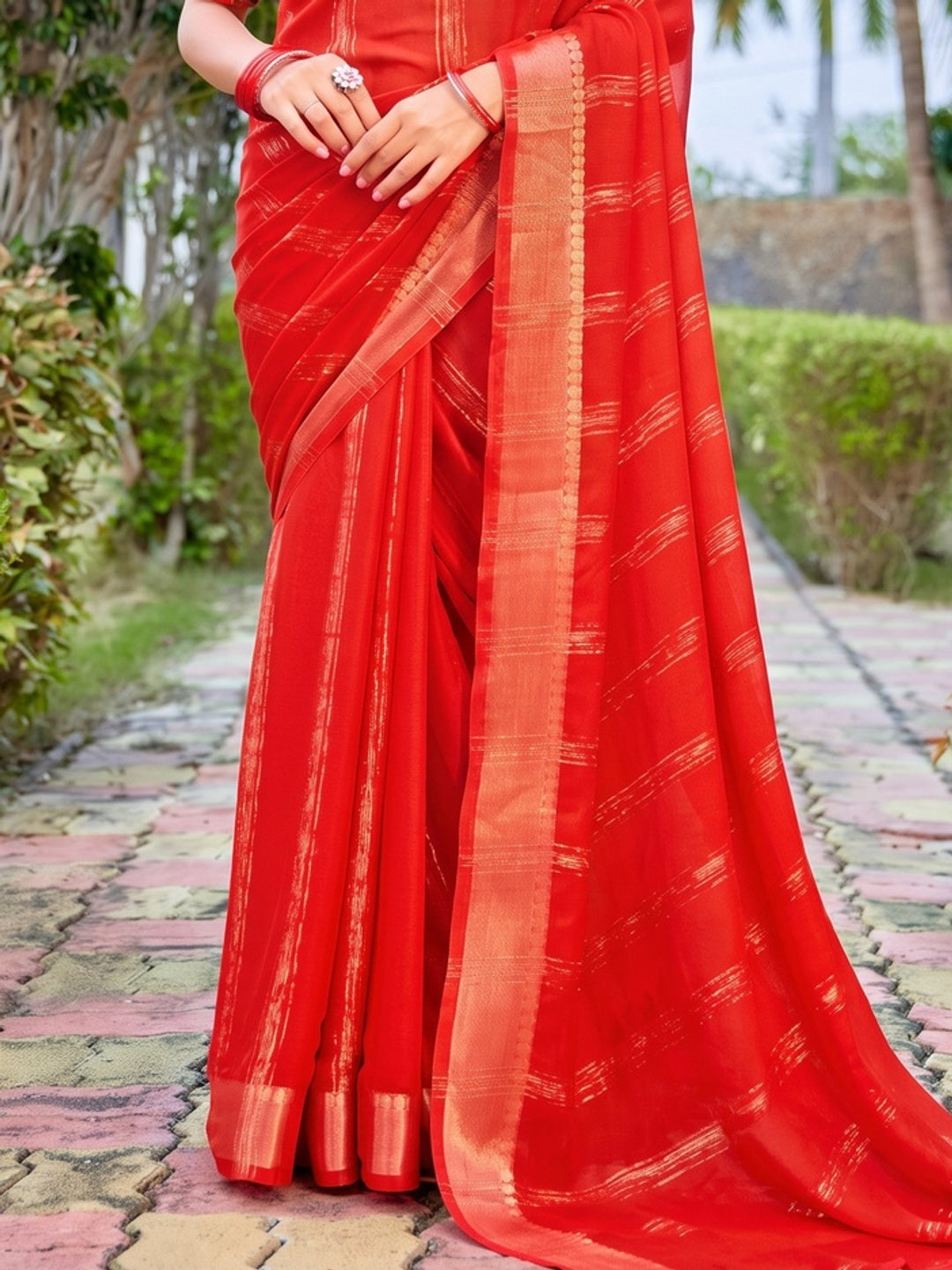 Peachmode Red Bemberg Woven Border Saree - Image 5