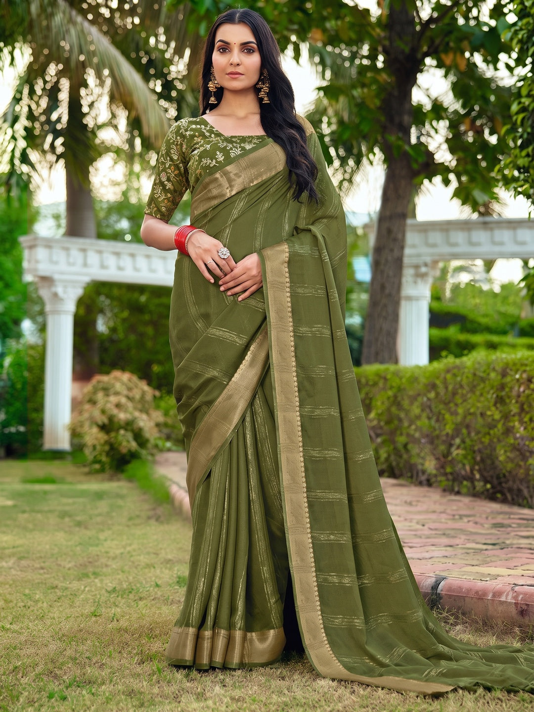 Peachmode Olive Bemberg Woven Border Saree - Image 1