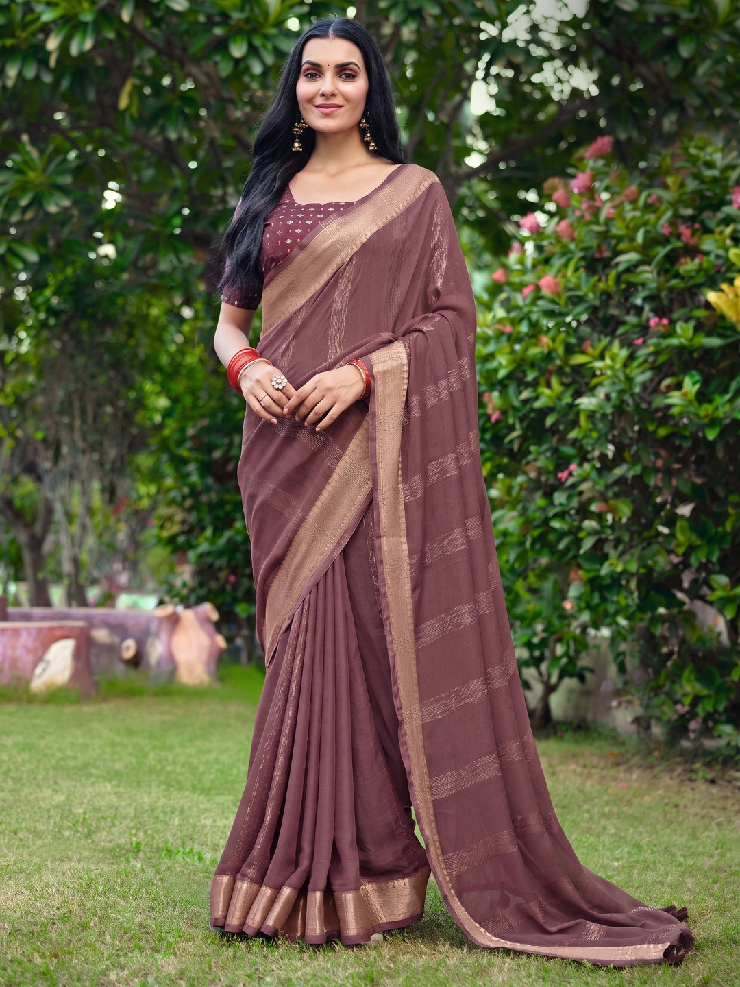 Peachmode Mauve Bemberg Woven Border Saree - Image 1