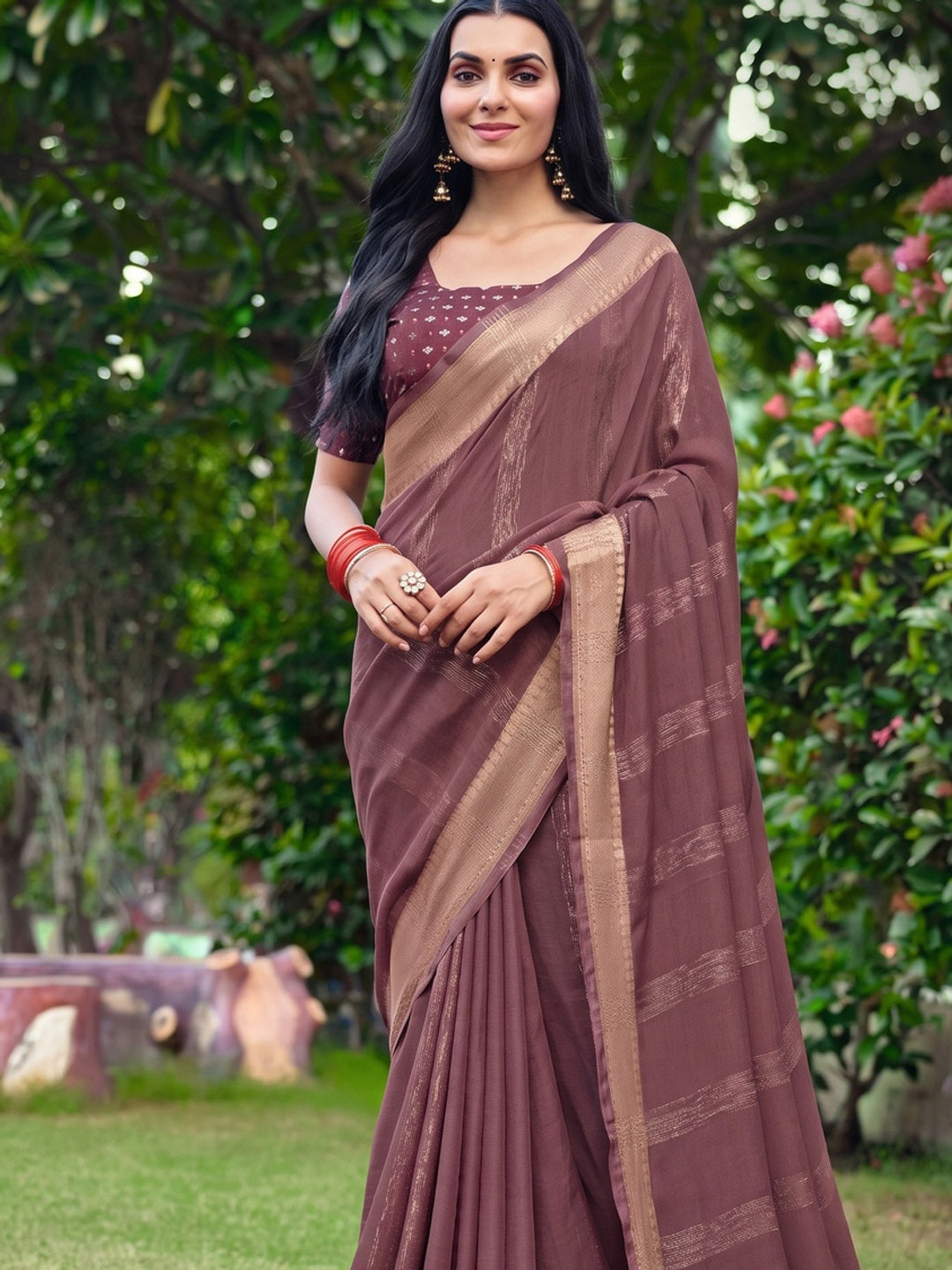 Peachmode Mauve Bemberg Woven Border Saree - Image 2