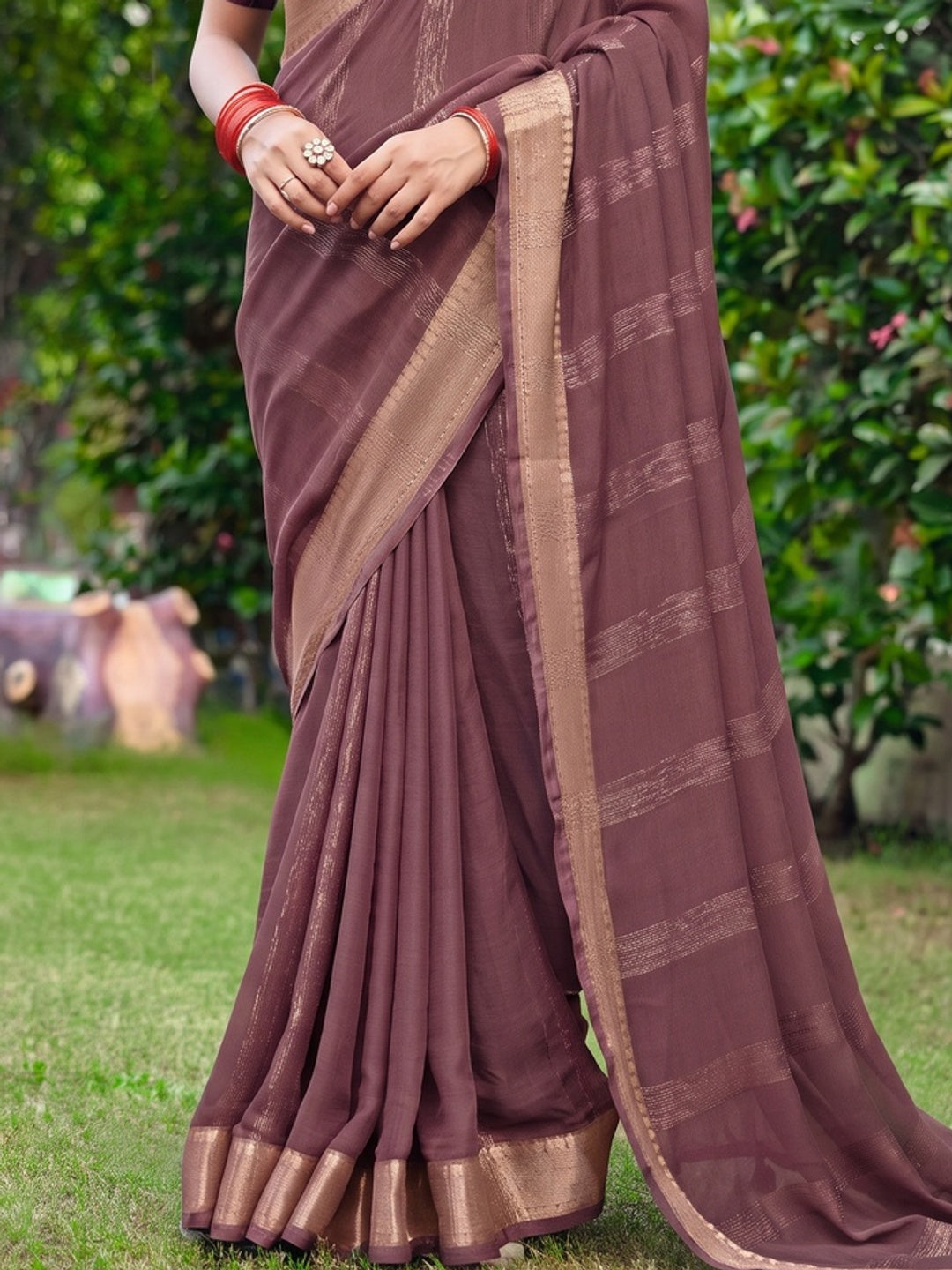 Peachmode Mauve Bemberg Woven Border Saree - Image 5