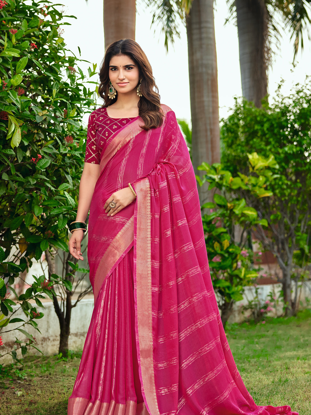 Peachmode Pink Bemberg Woven Border Saree - Image 3