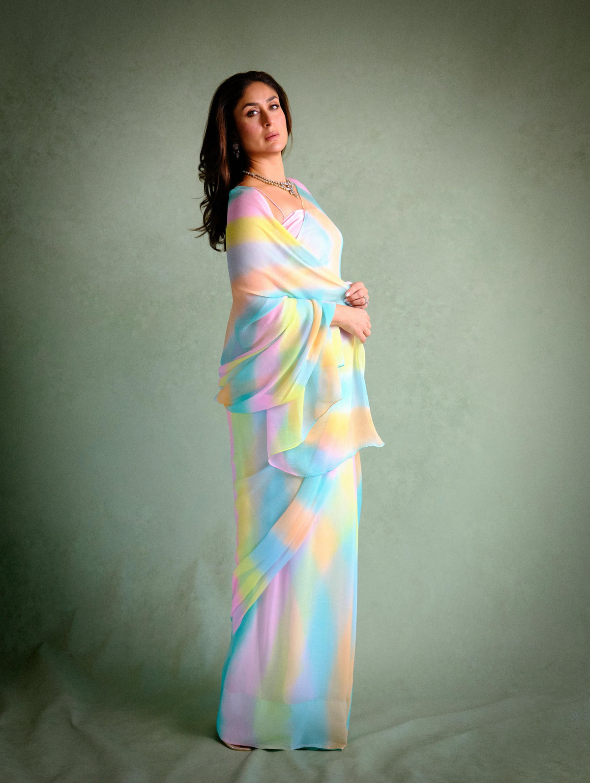 Peachmode Multicolor Georgette Ombre Striped Saree - Image 1