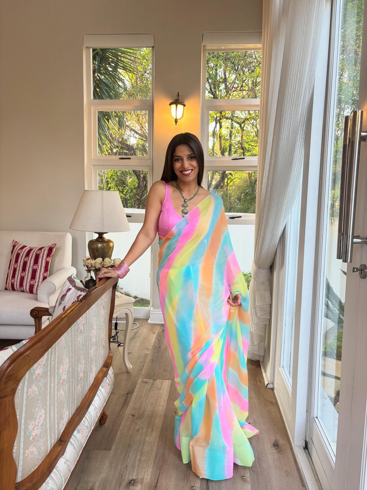 Peachmode Multicolor Georgette Ombre Striped Saree - Image 3