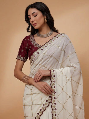 Peachmode Cream Embroidered Sequins Star Georgette Saree - Image 1