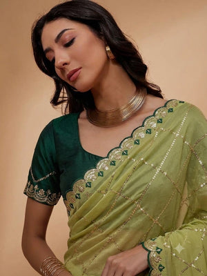 Peachmode Lime Green Embroidered Sequins Star Georgette Saree - Image 2