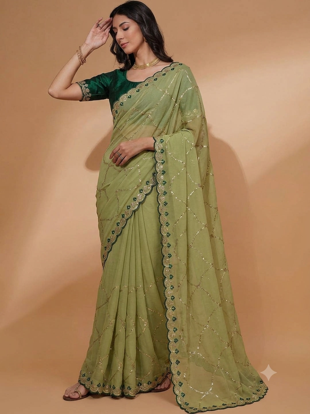Peachmode Lime Green Embroidered Sequins Star Georgette Saree - Image 4