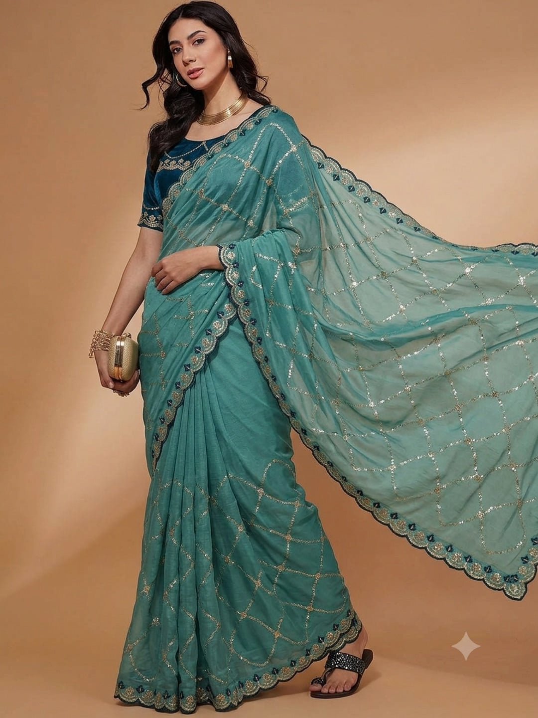 Peachmode Turquoise Embroidered Sequins Star Georgette Saree - Image 1
