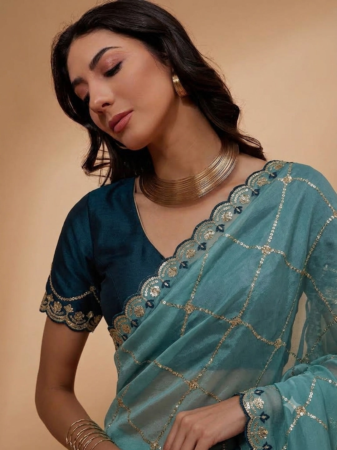 Peachmode Turquoise Embroidered Sequins Star Georgette Saree - Image 2