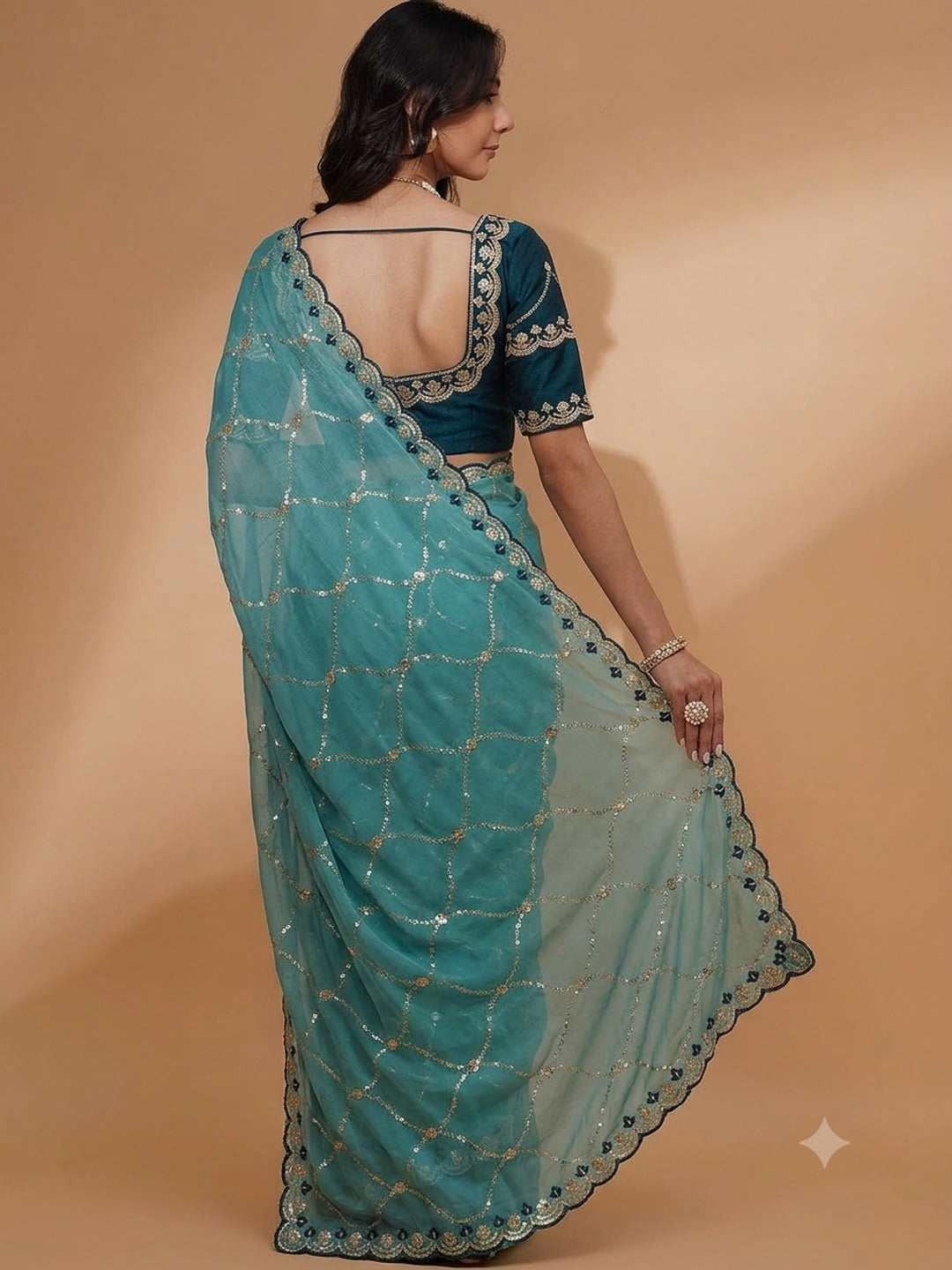 Peachmode Turquoise Embroidered Sequins Star Georgette Saree - Image 3