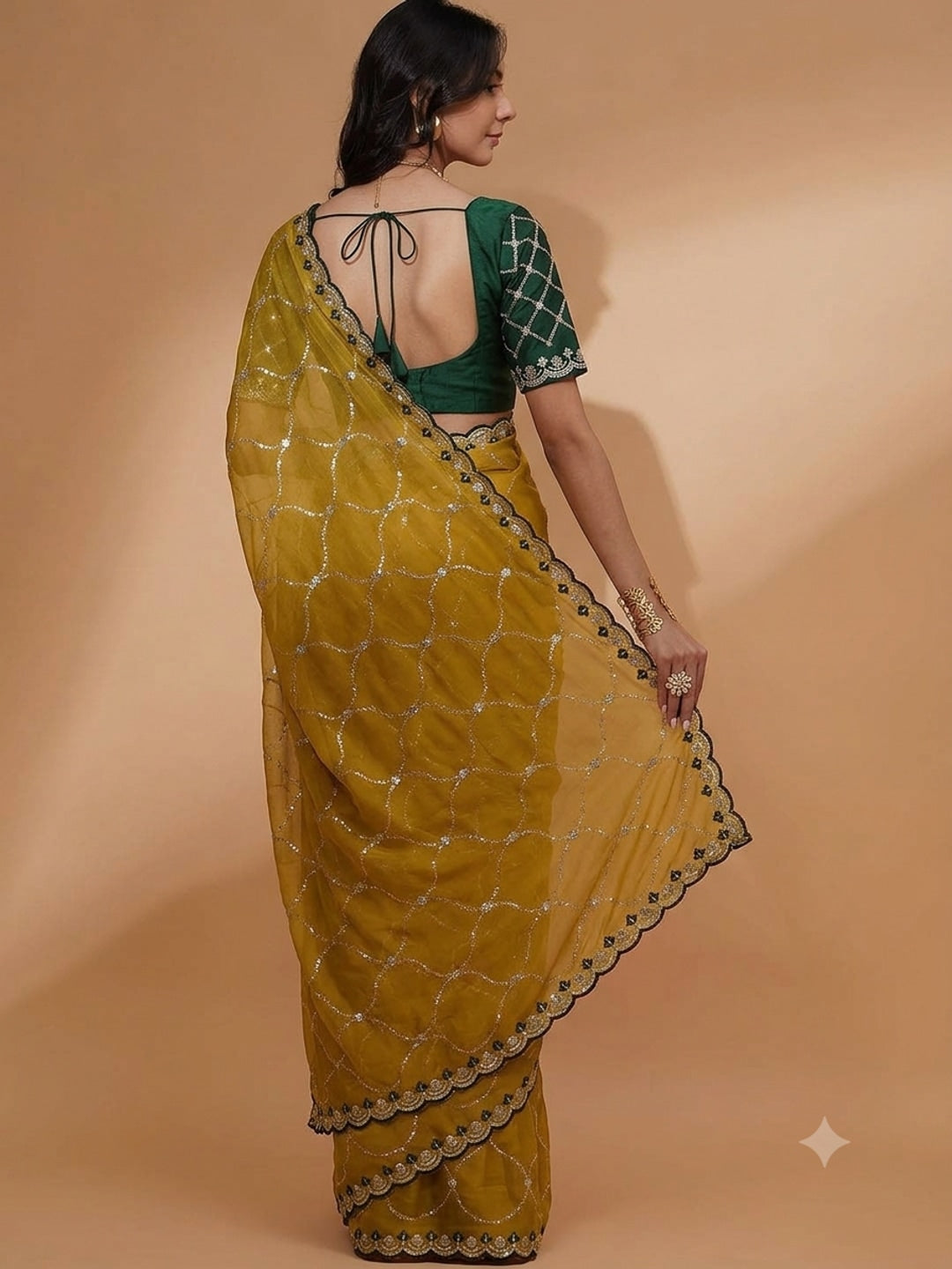 Peachmode Mustard Embroidered Sequins Star Georgette Saree - Image 3