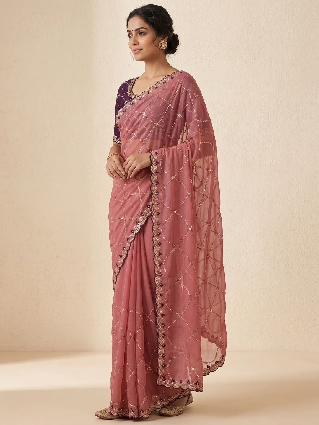 Peachmode Dusty Pink Embroidered Sequins Star Georgette Saree - Image 4