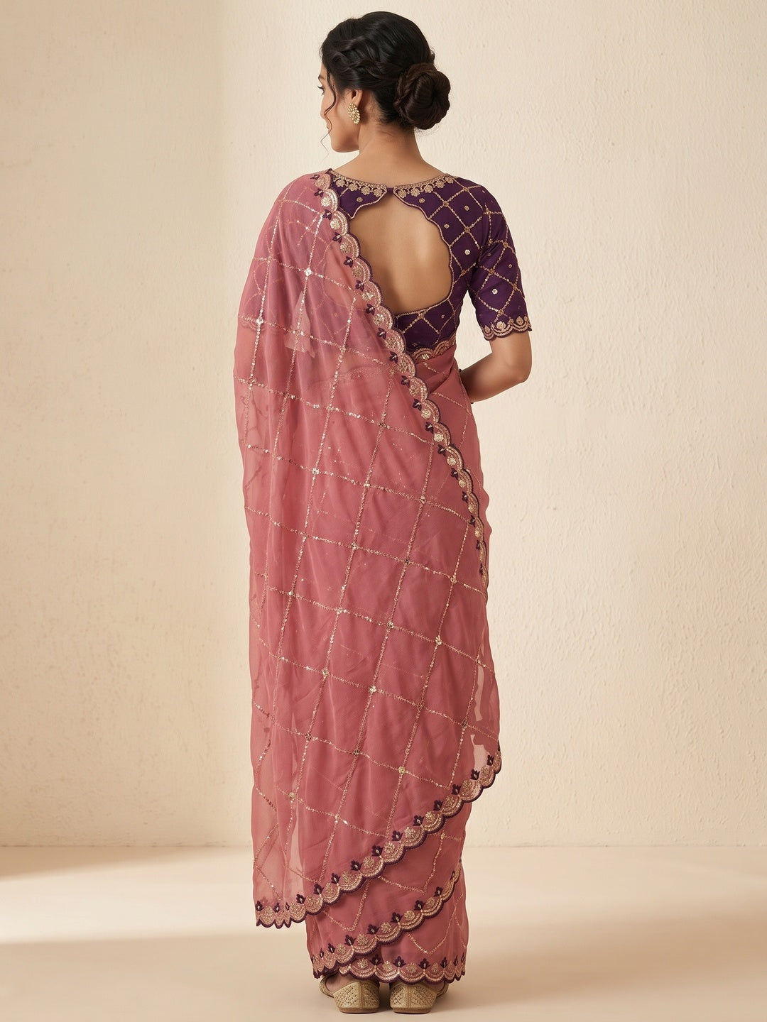 Peachmode Dusty Pink Embroidered Sequins Star Georgette Saree - Image 5
