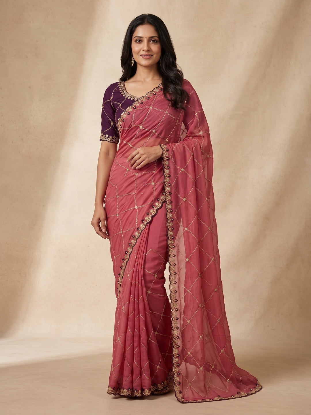 Peachmode Rani Pink Embroidered Sequins Star Georgette Saree - Image 3