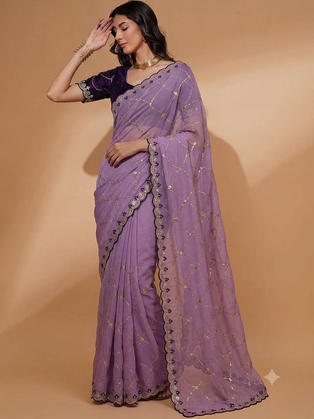 Peachmode Lavender Embroidered Sequins Star Georgette Saree - Image 4