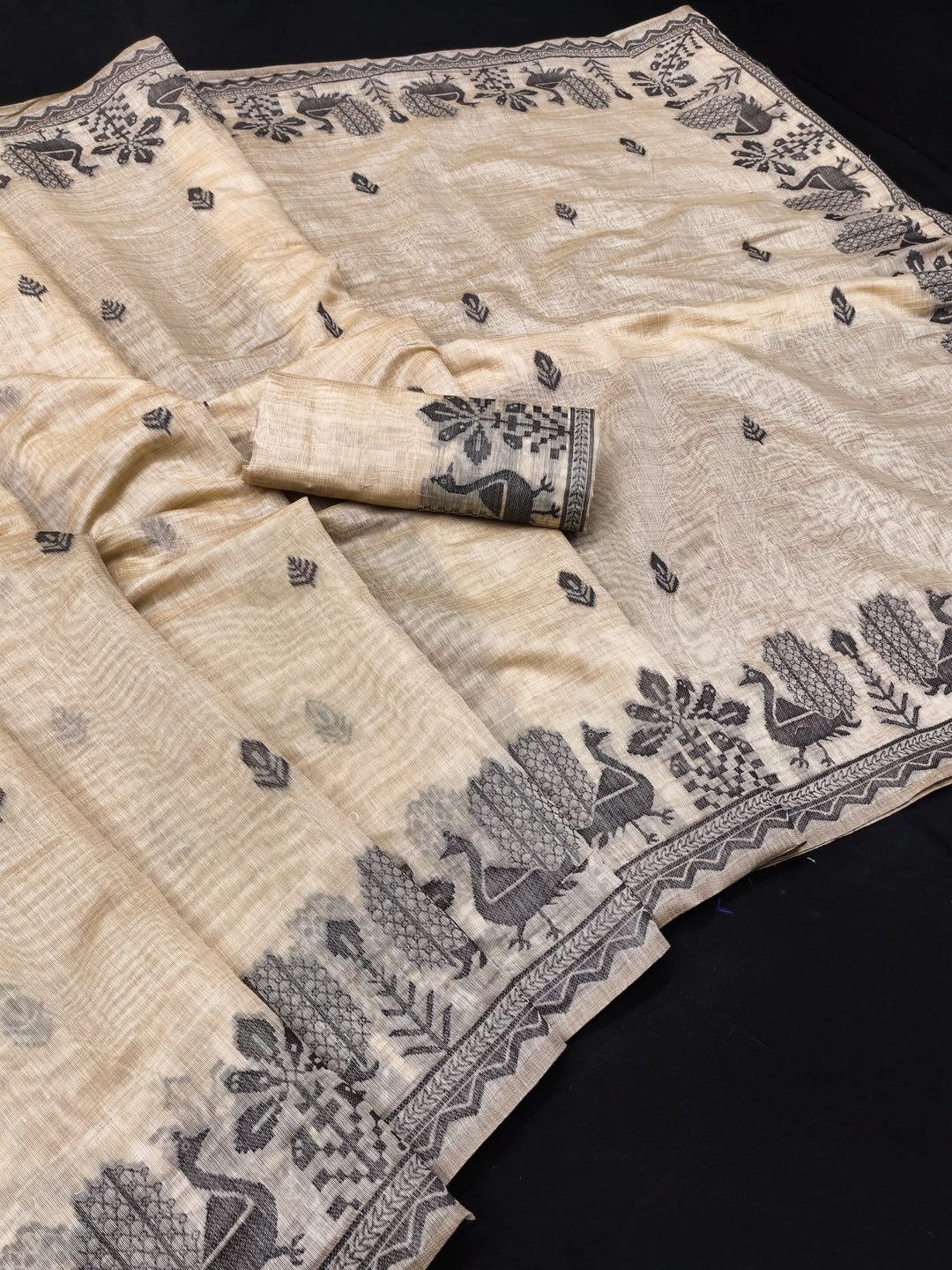 Peachmode Natural Cream Black Cotton Blend Jamdani Saree - Image 2