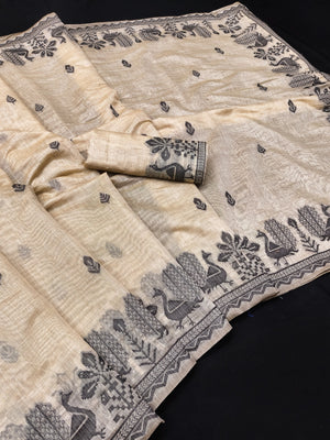 Peachmode Natural Cream Black Cotton Blend Jamdani Saree - Image 2