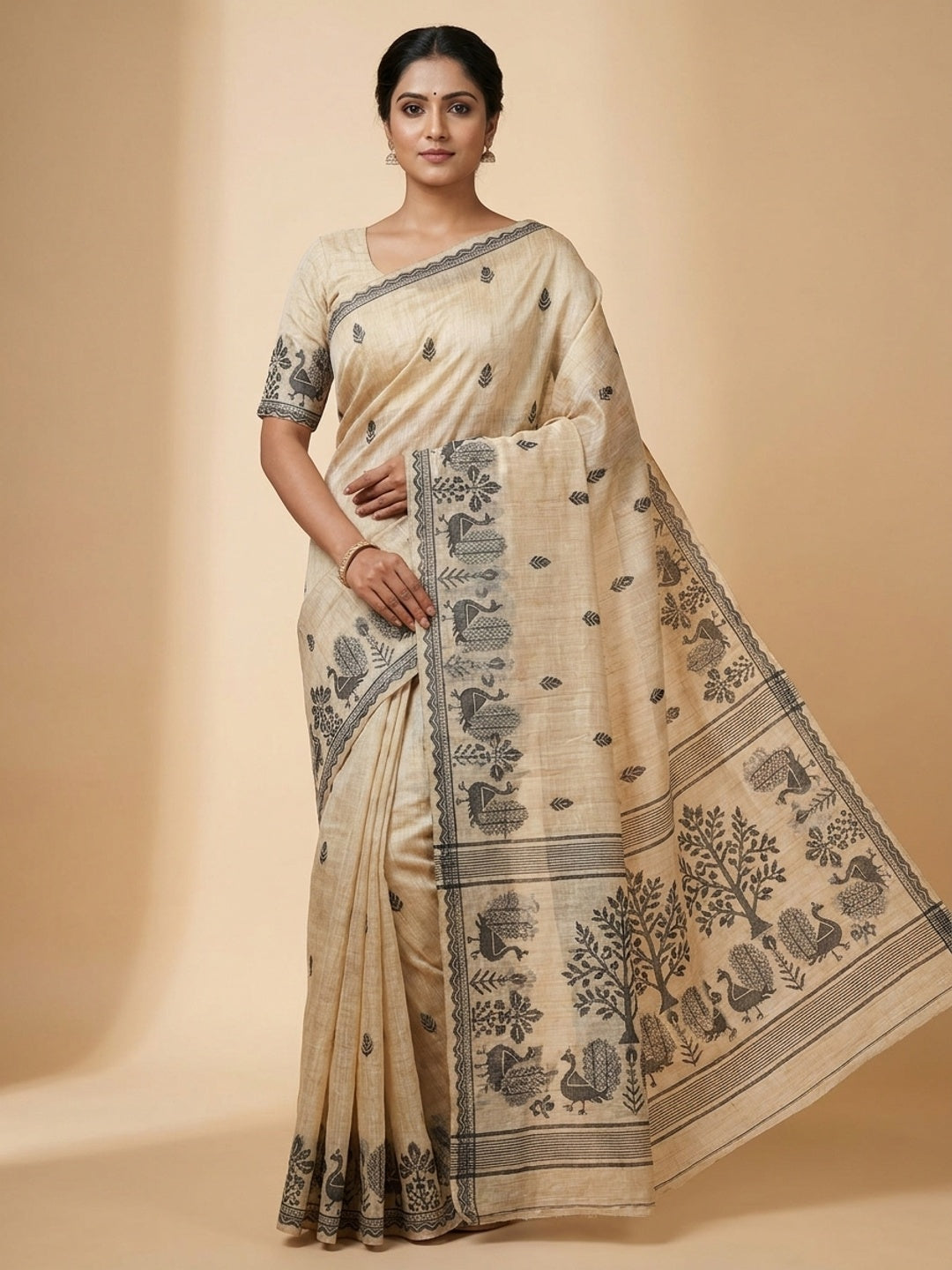 Peachmode Natural Cream Black Cotton Blend Jamdani Saree - Image 1