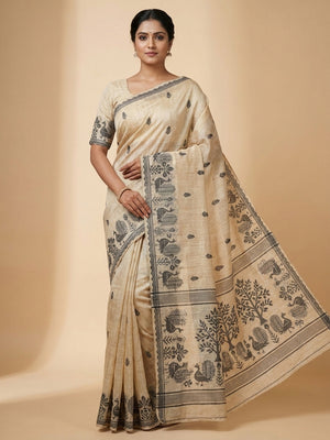 Peachmode Natural Cream Black Cotton Blend Jamdani Saree - Image 1