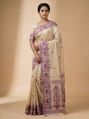Peachmode Natural Cream Purple Cotton Blend Jamdani Saree - Image 1