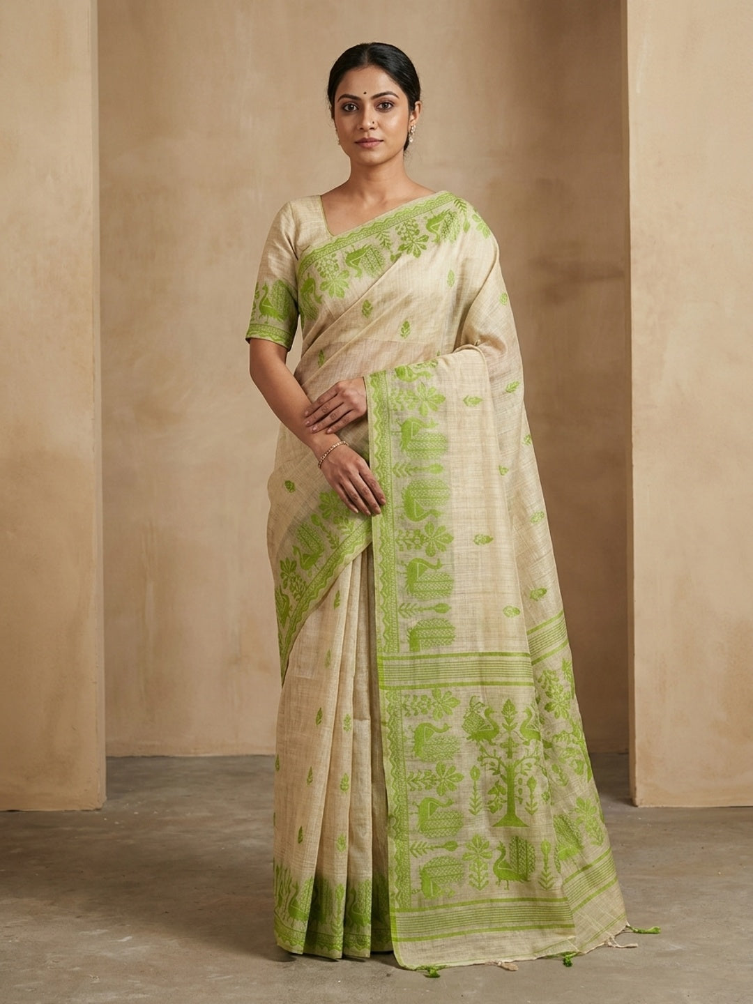 Peachmode Natural Cream Lime Green Cotton Blend Jamdani Saree - Image 1